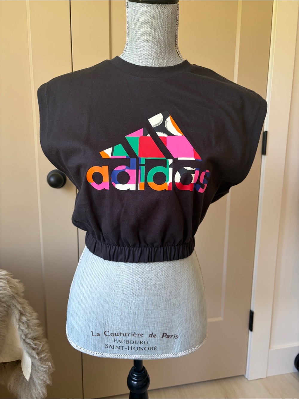 adidas Black Cropped Muscle Tee with Colorblock Logo